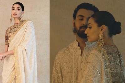 Athiya Shetty Dazzles In Exquisite Ivory Saree, KL Rahul Stuns In Lakhnavi Kurta At Anant-Radhika's Wedding