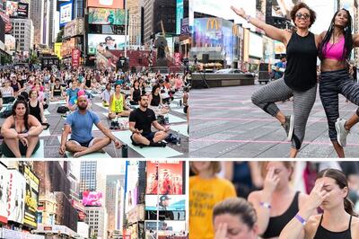 Yoga Enthusiasts Gather At New York's Iconic Times Square For International Day of Yoga
