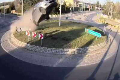 Watch: Suzuki Swift Flies 200 Ft High After Hitting Roundabout at a High Speed, Crashes Into Church