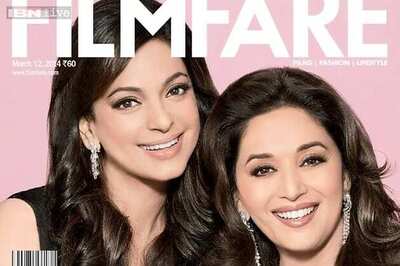 Once rivals, Madhuri Dixit and Juhi Chawla pose together on the cover of  'Filmfare'
